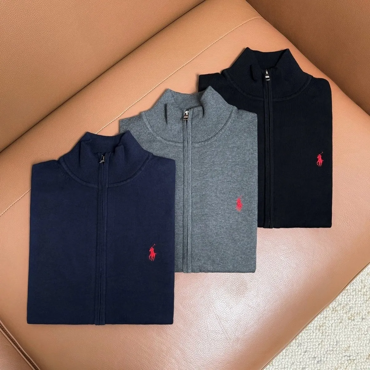 P220 M401#Ralph Lauren pony embroidered zipper sweater Color: black royal blue dark gray Size: M-XXL